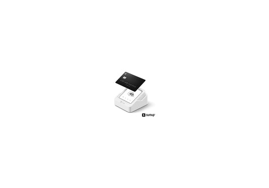 SumUp Solo touchscreen card reader on its countertop charging dock showing a contactless payment prompt