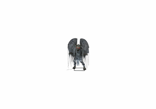 7.5ft animated Halloween gargoyle with glowing red LED eyes and spread wings outdoors at night