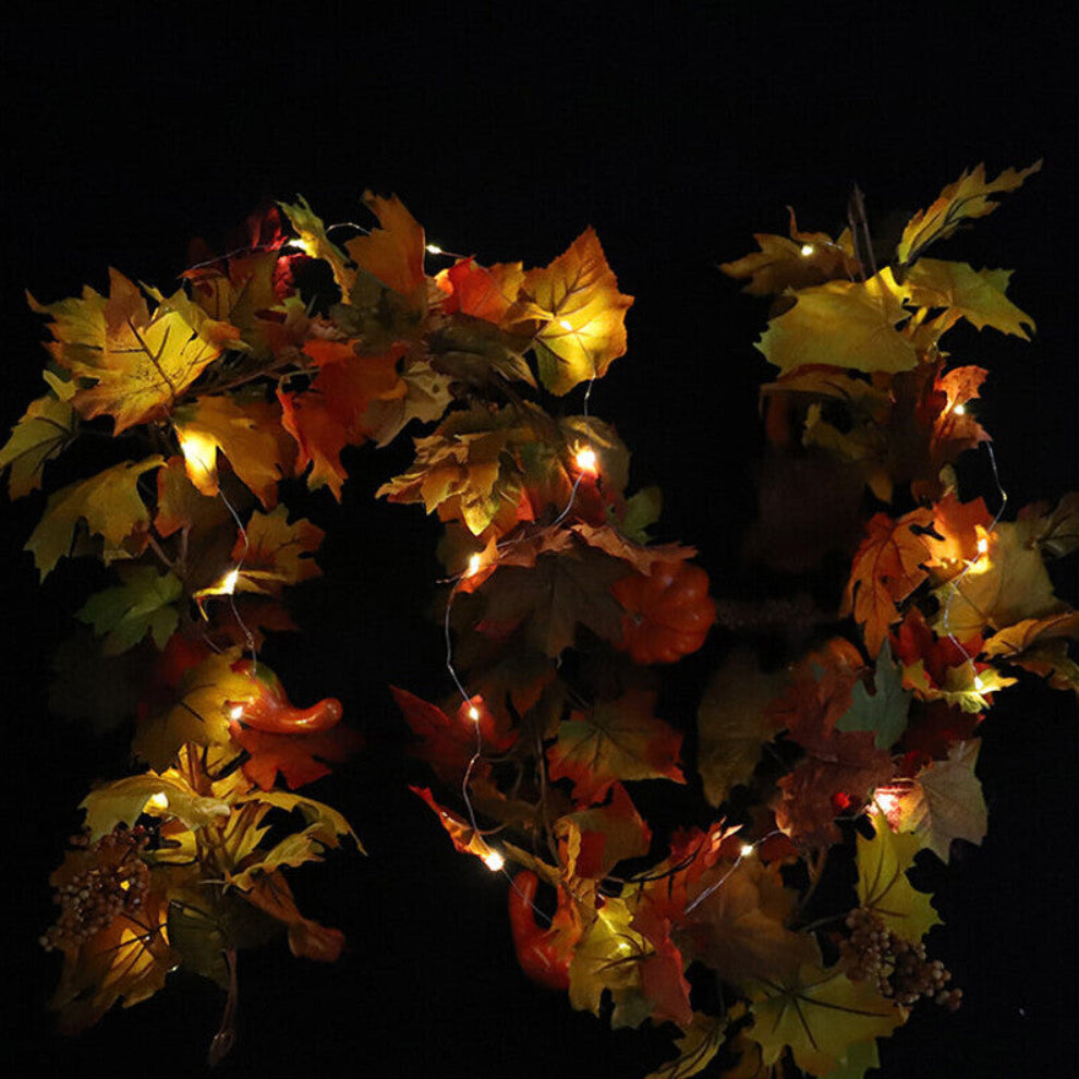 A 1.8m LED light-up autumn pumpkin and maple leaf vine garland glowing warmly draped across a wooden front door.
