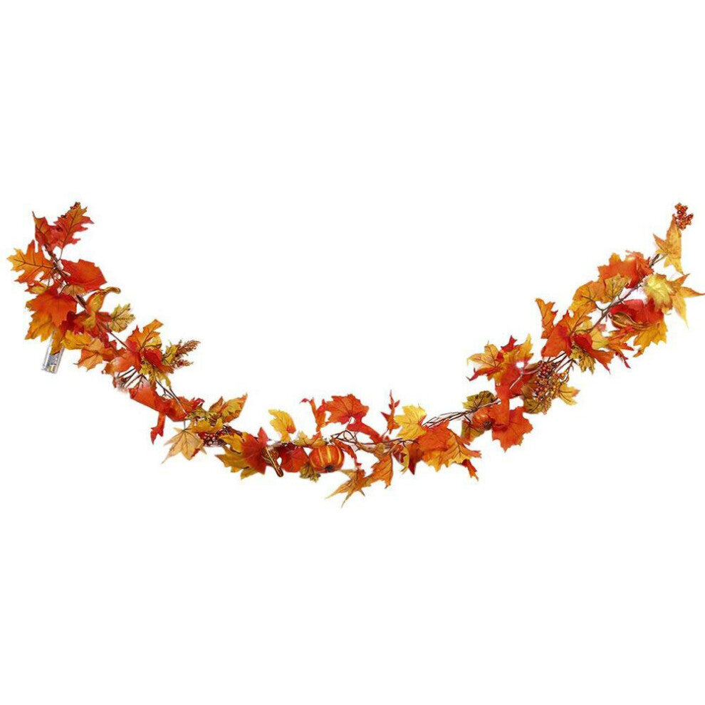 A 1.8m LED light-up autumn pumpkin and maple leaf vine garland glowing warmly draped across a wooden front door.