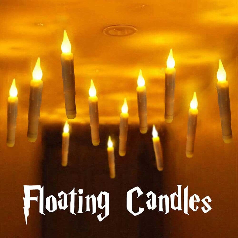 A set of 12 glowing LED floating taper candles suspended in the air with warm yellow flickering flames against a dark background.
