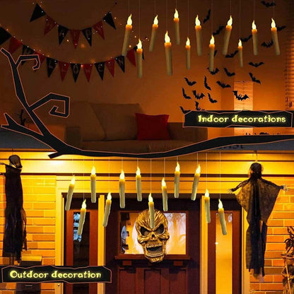 A set of 12 glowing LED floating taper candles suspended in the air with warm yellow flickering flames against a dark background.