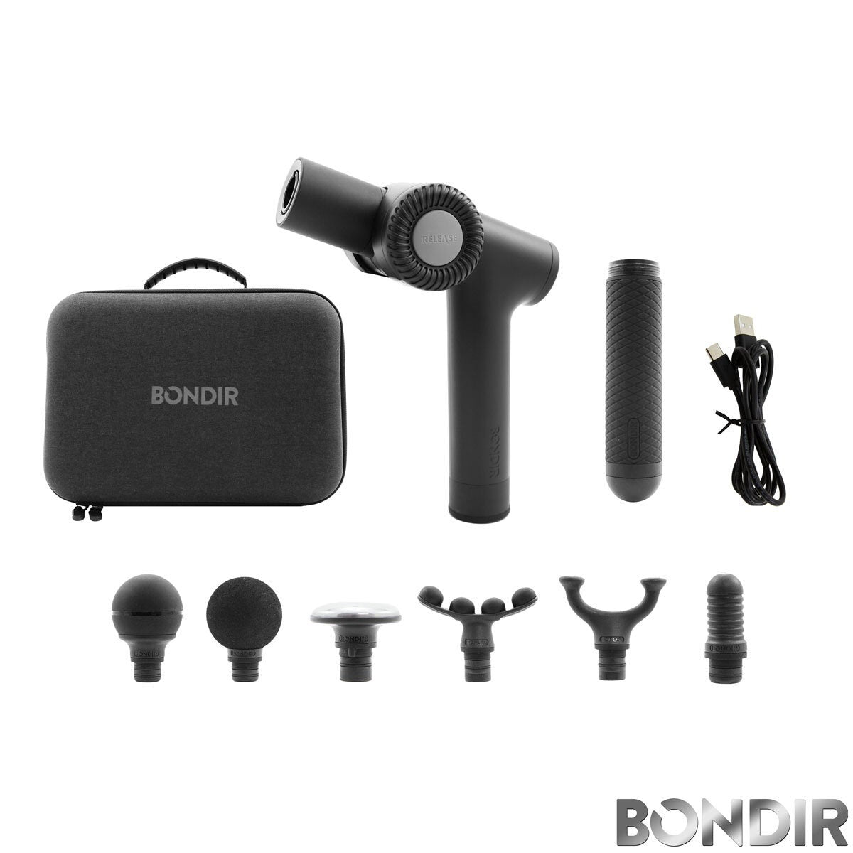Bondir R2 Pro percussive massage gun in black with heated head and 6 attachments