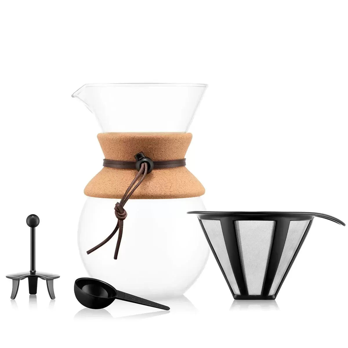 Bodum Pour Over Coffee Maker 1L with reusable stainless steel permanent filter and borosilicate glass carafe for manual coffee brewing.