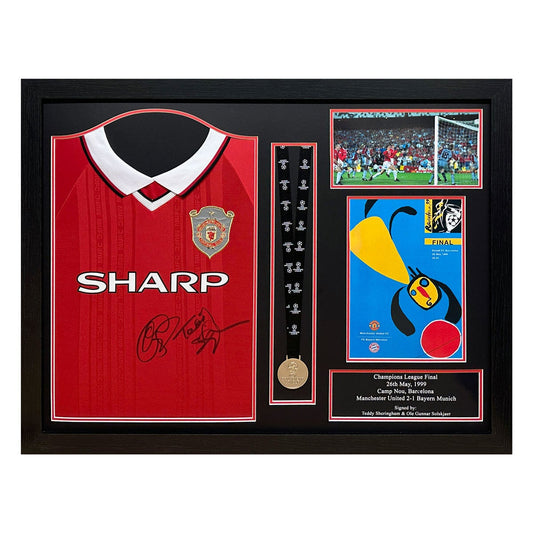 Allstarsignings Sheringham and Solskjaer signed framed 1999 Manchester United shirt