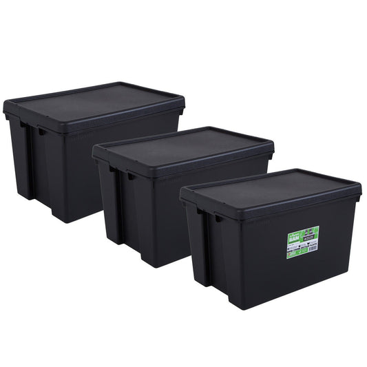 Wham Bam 62 litre recycled heavy duty black storage boxes with lids, pack of 3