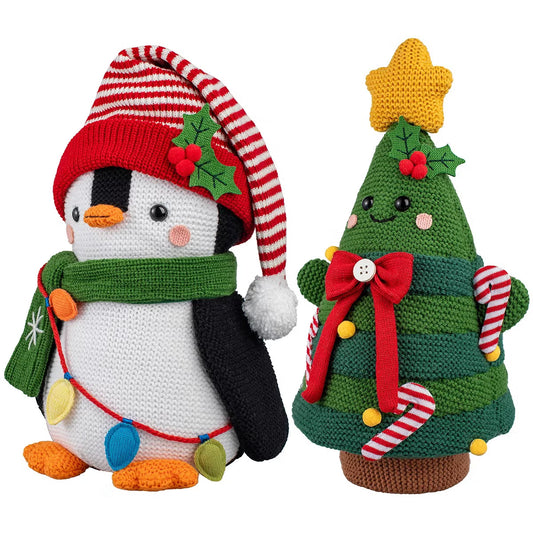 A set of two 16-inch knit Christmas shelf sitters featuring a soft crochet penguin and star-topped tree sitting on a fireplace mantel.