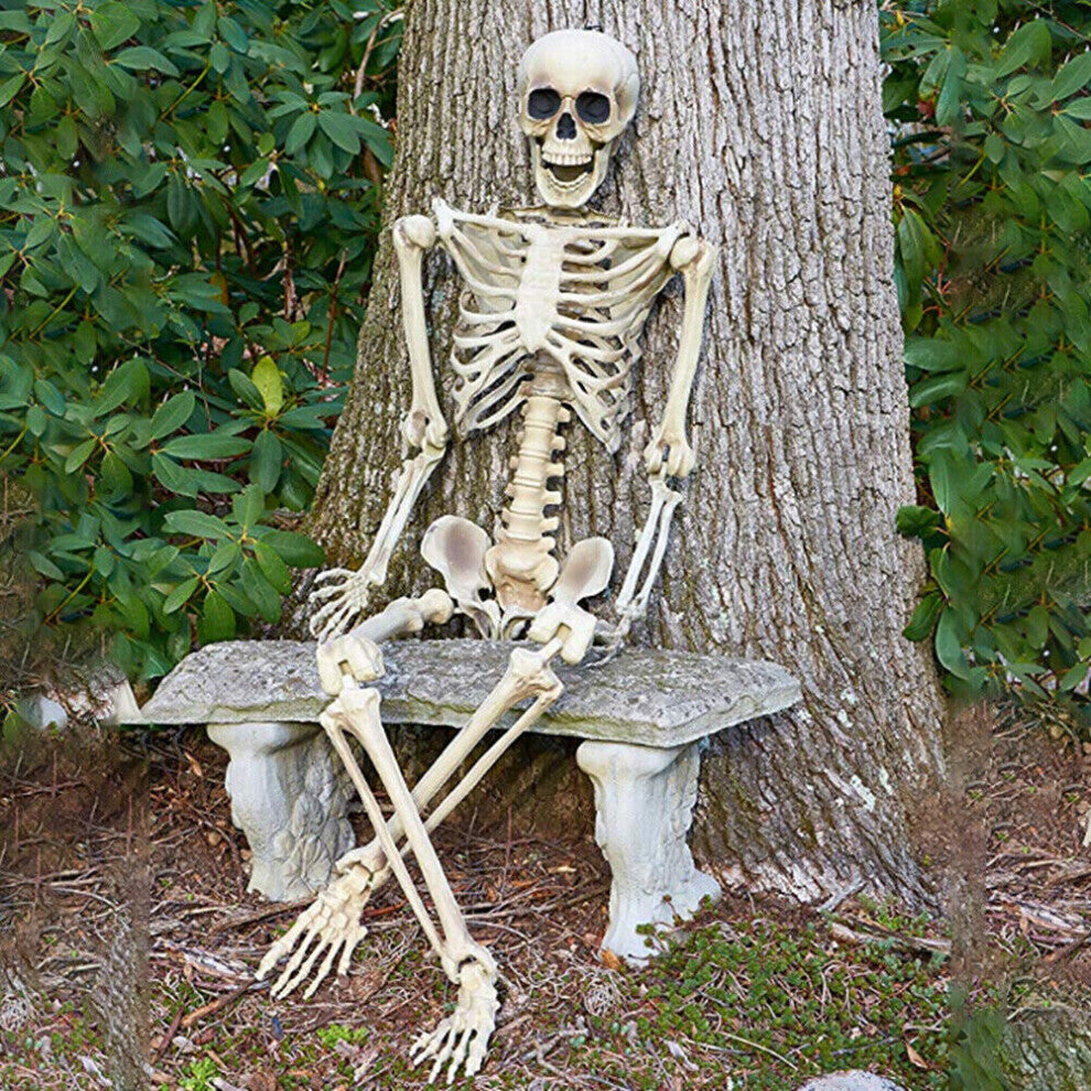 Full-length 170cm life-size realistic white plastic posable human skeleton standing against a dark wall setup.