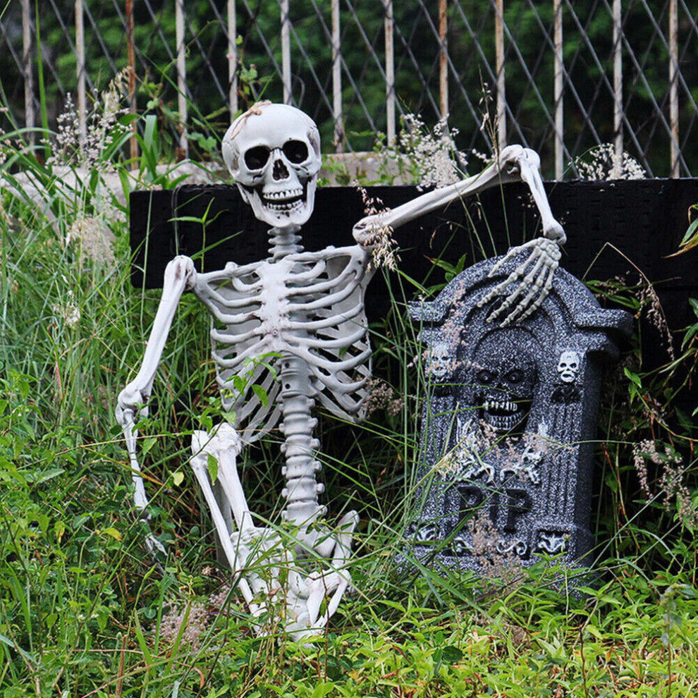 Full-length 170cm life-size realistic white plastic posable human skeleton standing against a dark wall setup.