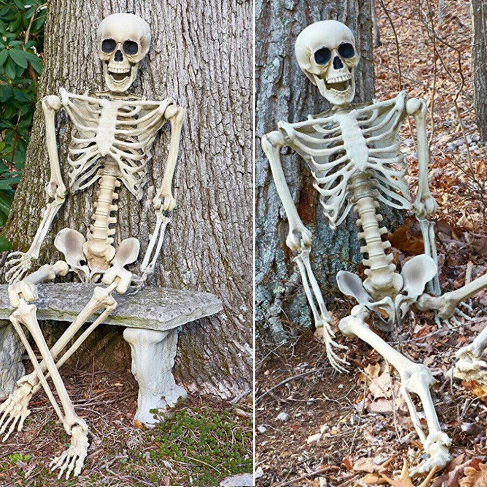Full-length 170cm life-size realistic white plastic posable human skeleton standing against a dark wall setup.