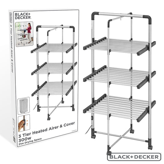 Black+Decker 3-tier heated clothes airer with cover and wheels, 300W
