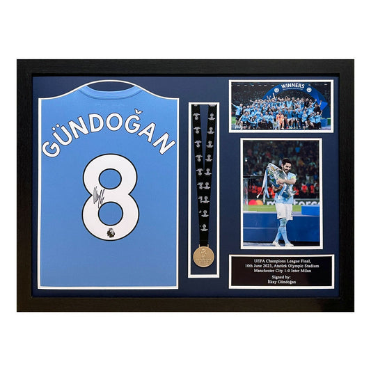Allstarsignings Ilkay Gündoğan signed framed Manchester City shirt and Champions League medal, 86 x 66 cm