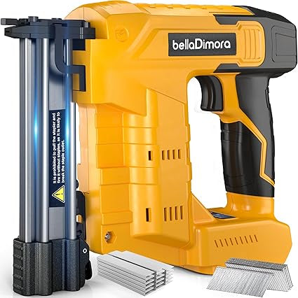 Side profile of a yellow and black 18GA cordless brad nailer loaded with fasteners against a clean white workshop background.