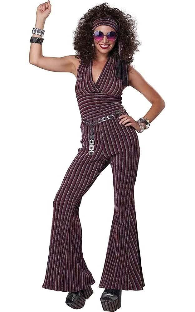 Women's 1970s disco dancing queen costume set featuring a sparkly sequin top, wide flared bell bottom pants, and matching headband.