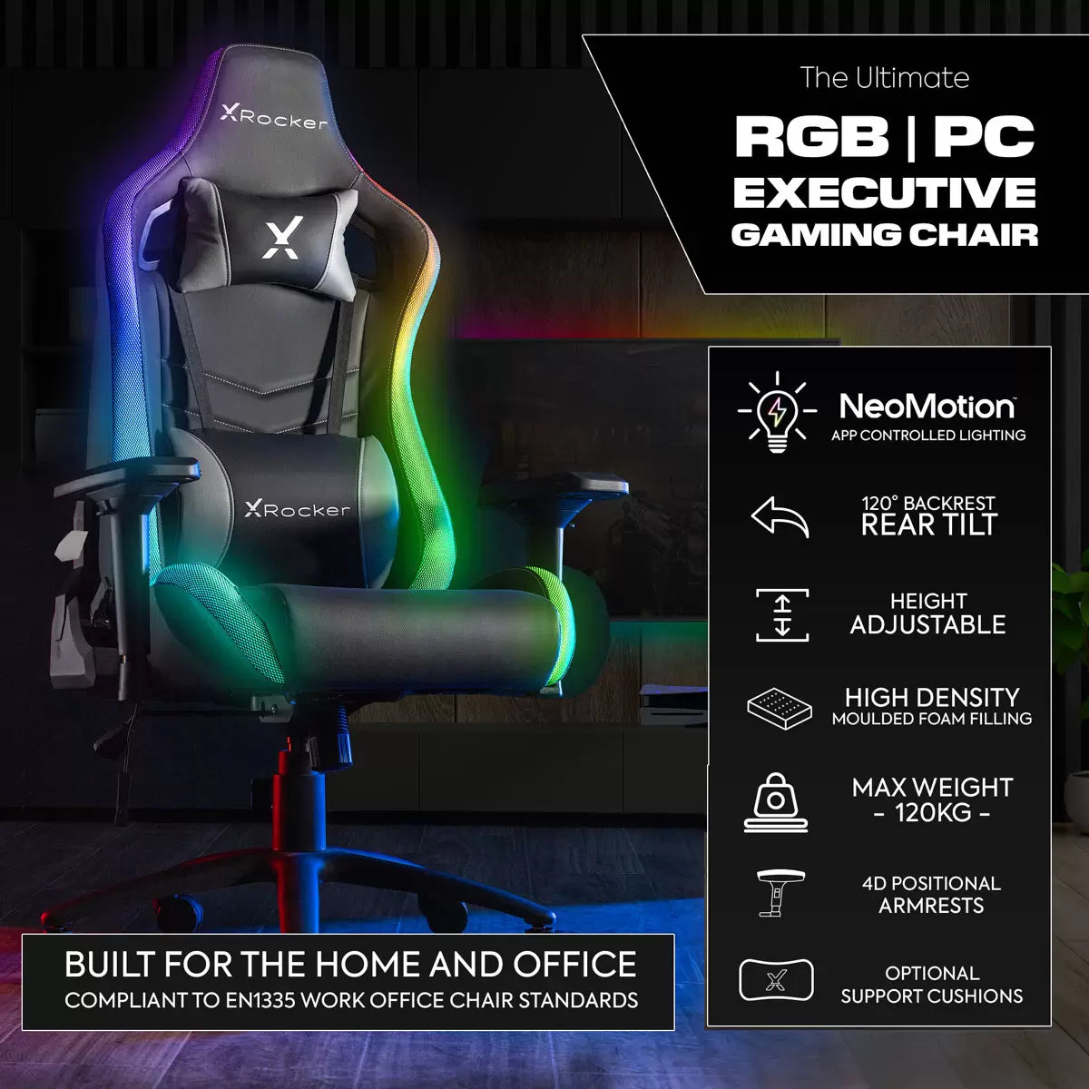 X Rocker Opal RGB Gaming Chair with LED Lights featuring customizable RGB lighting and ergonomic high-back design for immersive gaming comfort.
