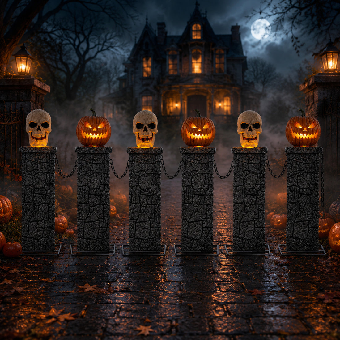 Samuel Alexander 2.4m battery powered Halloween fence featuring stone-effect tombstone pedestals with lit skull and pumpkin tops linked by black chains on a dark lawn.