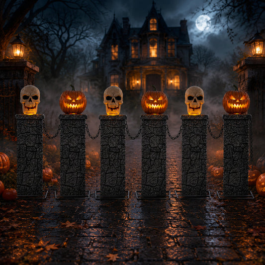 Samuel Alexander 2.4m battery powered Halloween fence featuring stone-effect tombstone pedestals with lit skull and pumpkin tops linked by black chains on a dark lawn.