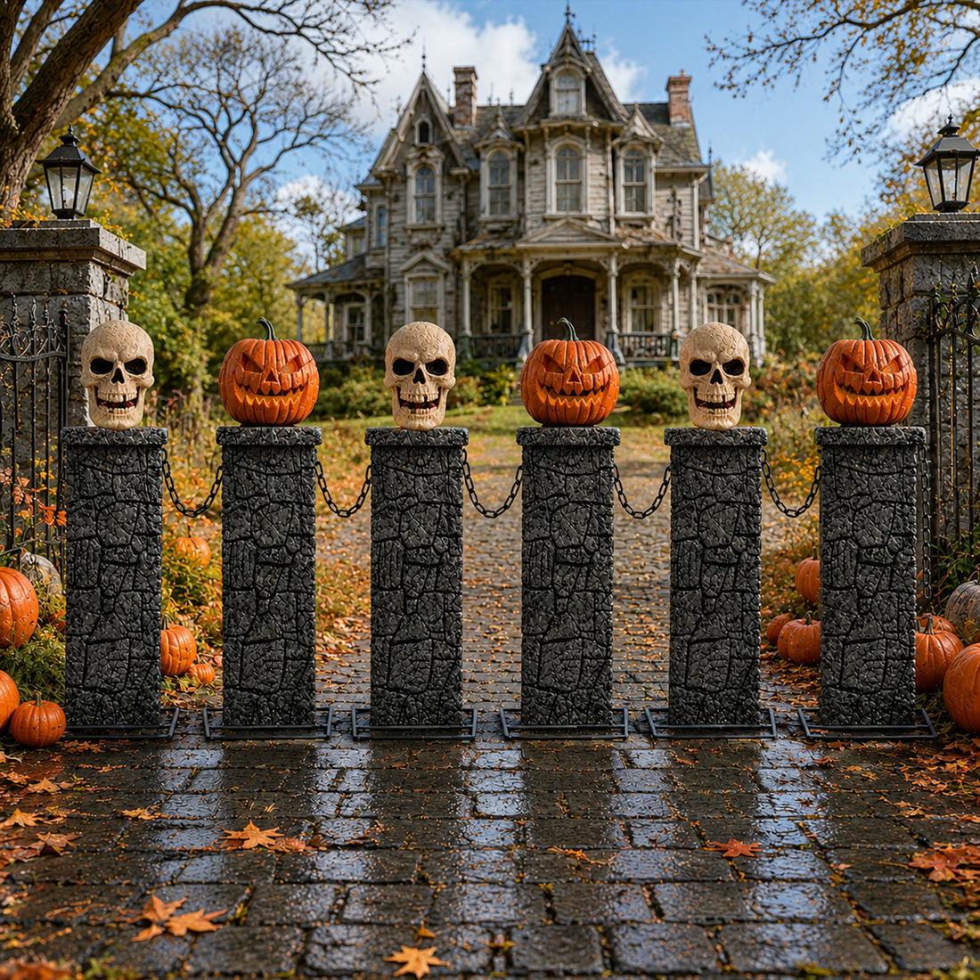 Samuel Alexander 2.4m battery powered Halloween fence featuring stone-effect tombstone pedestals with lit skull and pumpkin tops linked by black chains on a dark lawn.