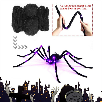 A 2.9ft large hairy black spider with glowing LED eyes clinging to a spooky web outdoors during Halloween night.