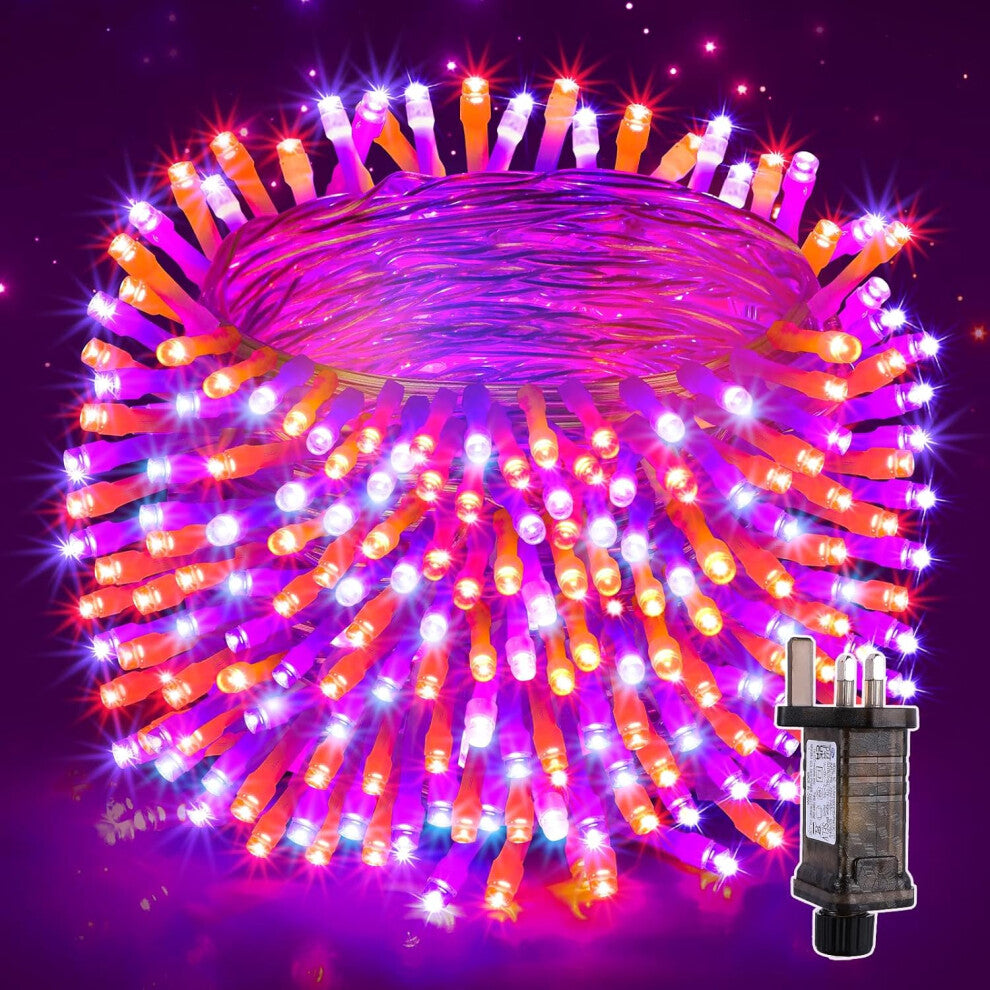 A 20m string of 200 orange and purple Halloween fairy lights glowing brightly across an outdoor porch at night
