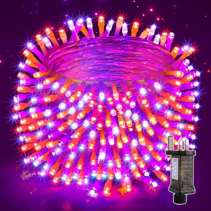 A 20m string of 200 orange and purple Halloween fairy lights glowing brightly across an outdoor porch at night