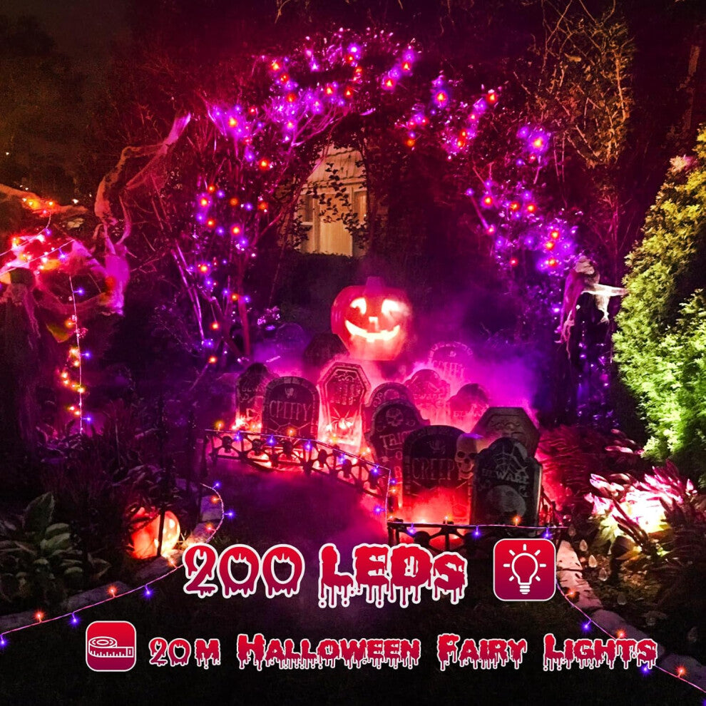 A 20m string of 200 orange and purple Halloween fairy lights glowing brightly across an outdoor porch at night