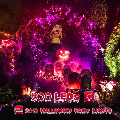 A 20m string of 200 orange and purple Halloween fairy lights glowing brightly across an outdoor porch at night