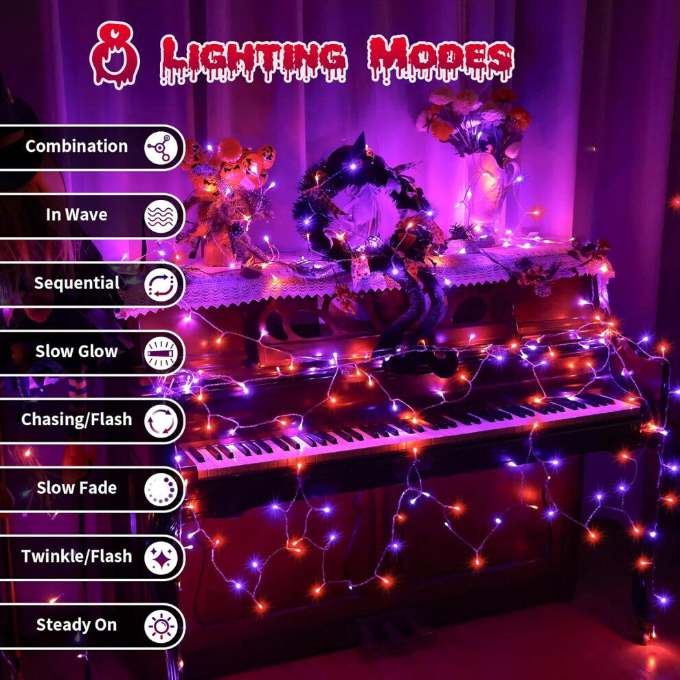 A 20m string of 200 orange and purple Halloween fairy lights glowing brightly across an outdoor porch at night