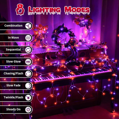 A 20m string of 200 orange and purple Halloween fairy lights glowing brightly across an outdoor porch at night