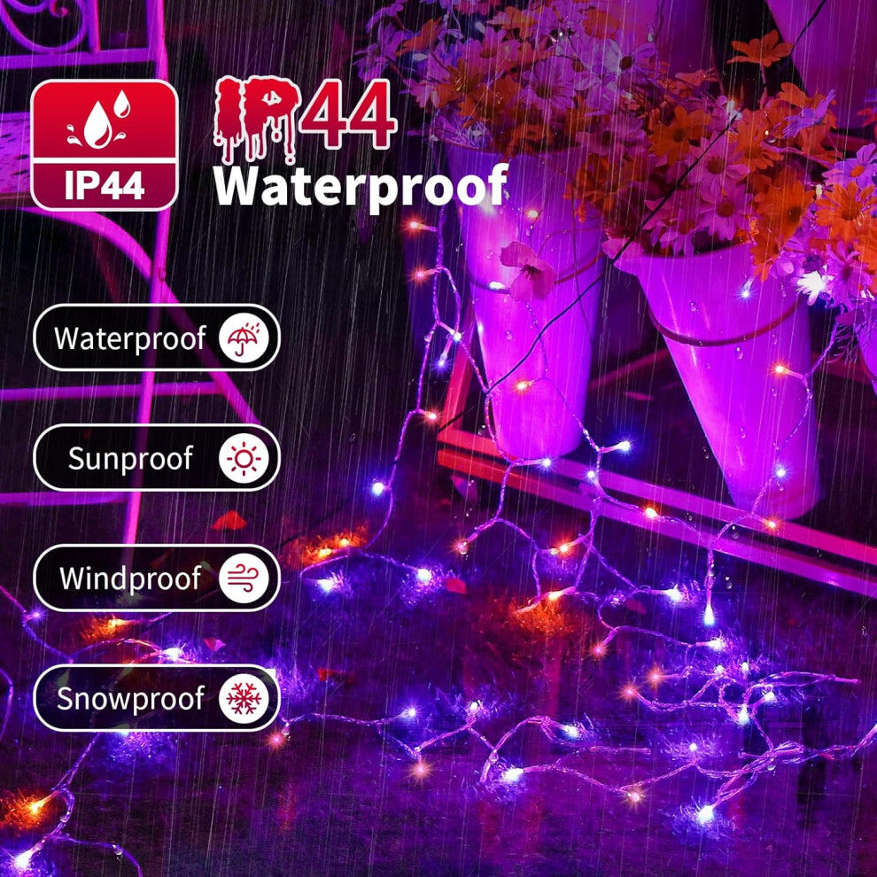 A 20m string of 200 orange and purple Halloween fairy lights glowing brightly across an outdoor porch at night