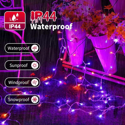 A 20m string of 200 orange and purple Halloween fairy lights glowing brightly across an outdoor porch at night