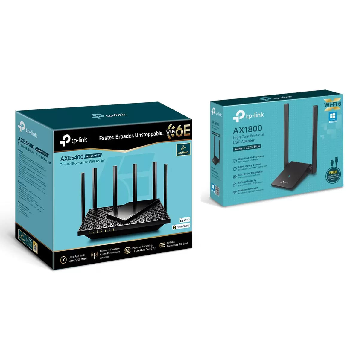 TP-Link Archer AX75E WiFi 6E Tri-Band Router + Archer TX20U AX1800 USB Adapter | Ultra-Fast Whole Home & PC Wireless Upgrade