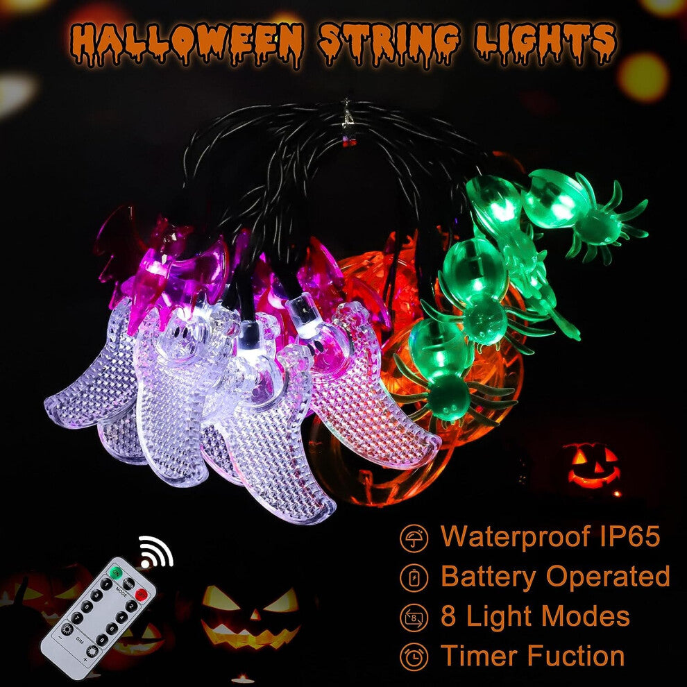 A 20ft string of 40 multi-shaped Halloween LED lights featuring pumpkins, bats, spiders, and ghosts glowing along an indoor mantelpiece.