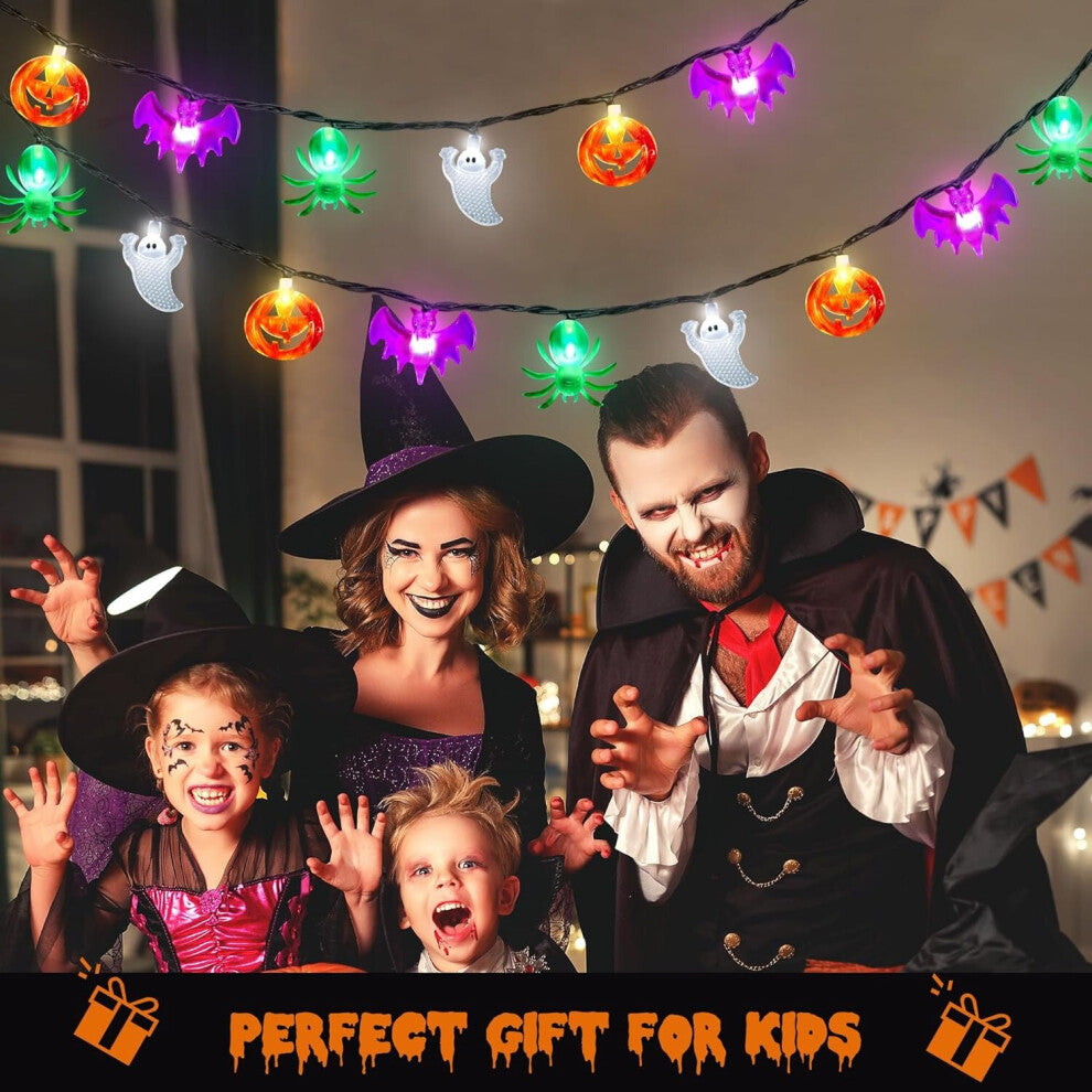 A 20ft string of 40 multi-shaped Halloween LED lights featuring pumpkins, bats, spiders, and ghosts glowing along an indoor mantelpiece.
