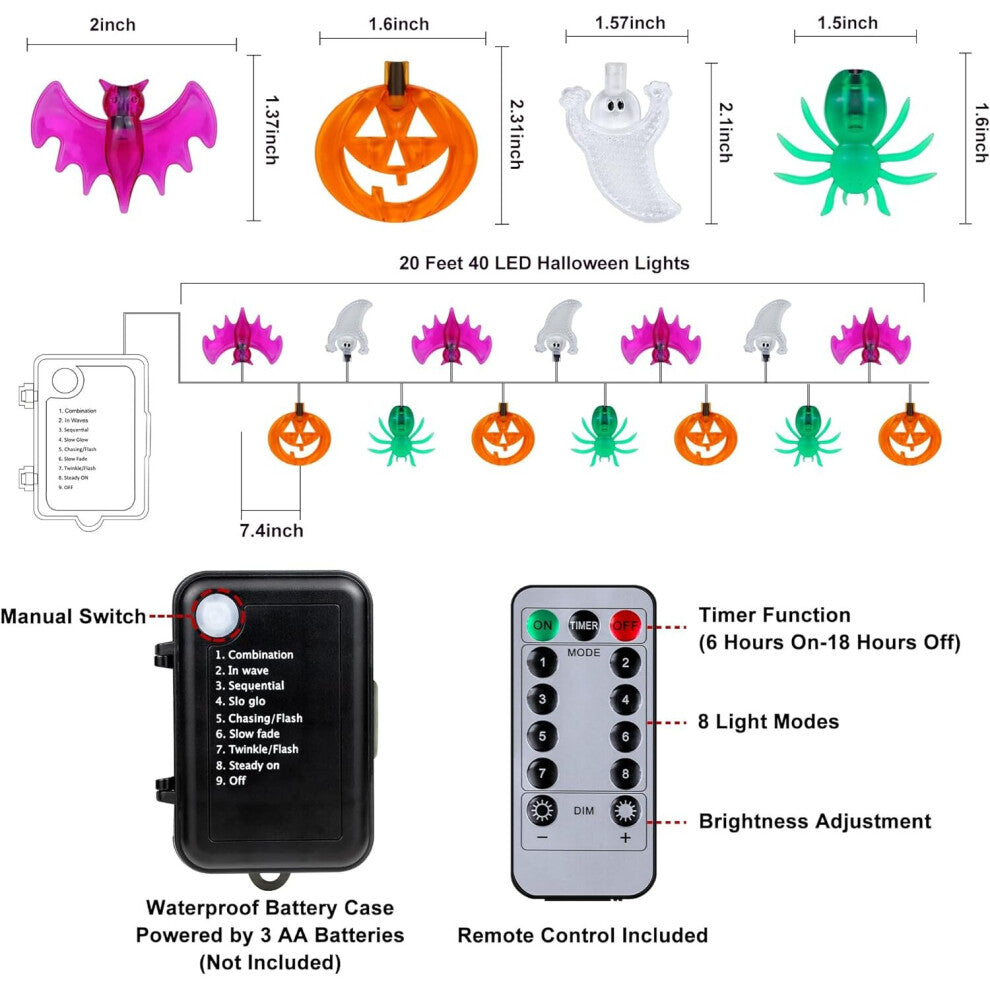 A 20ft string of 40 multi-shaped Halloween LED lights featuring pumpkins, bats, spiders, and ghosts glowing along an indoor mantelpiece.