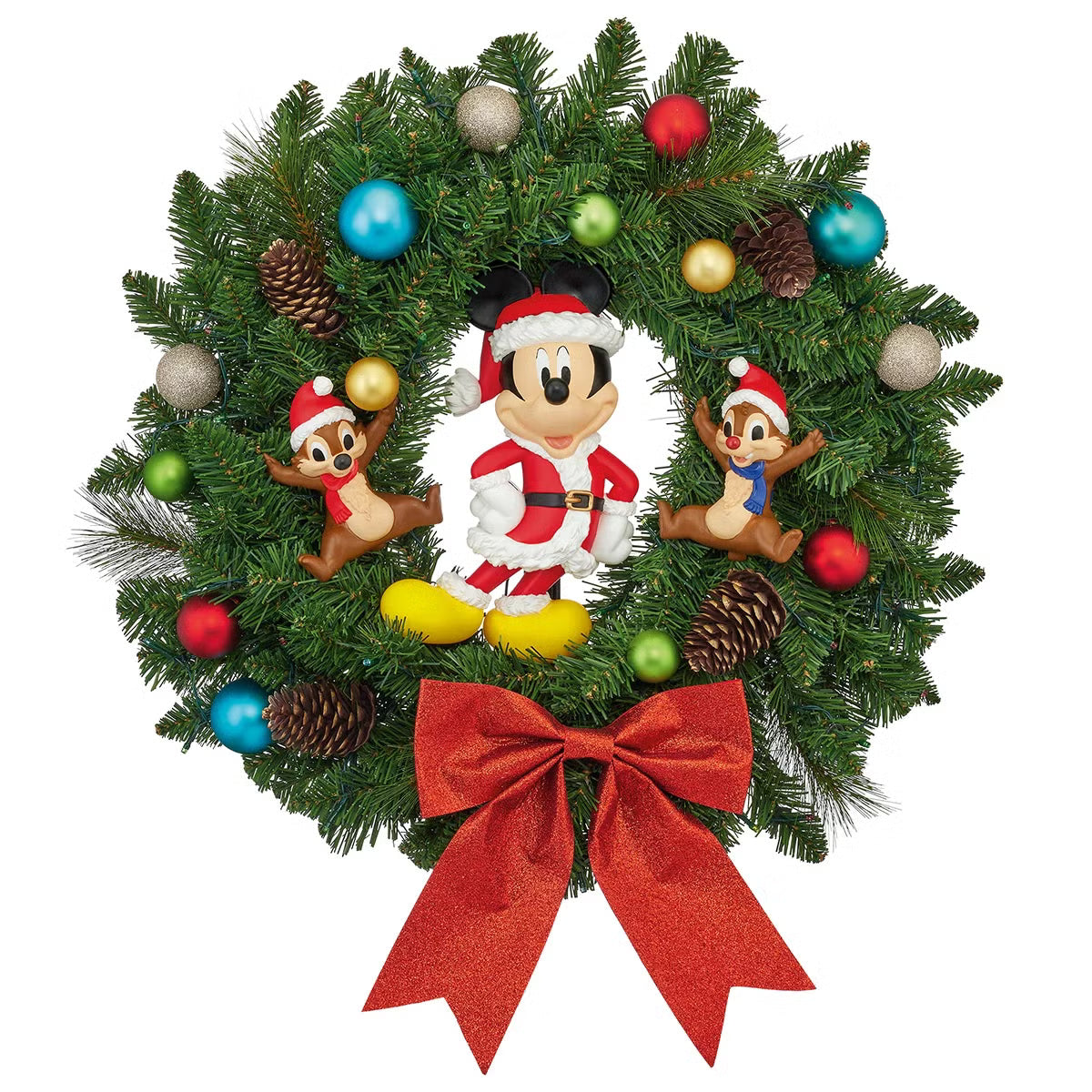 Front view of a 22-inch lush green Christmas wreath featuring Mickey Mouse and friends ornaments illuminated by warm battery-operated LED lights hanging on a wooden door.