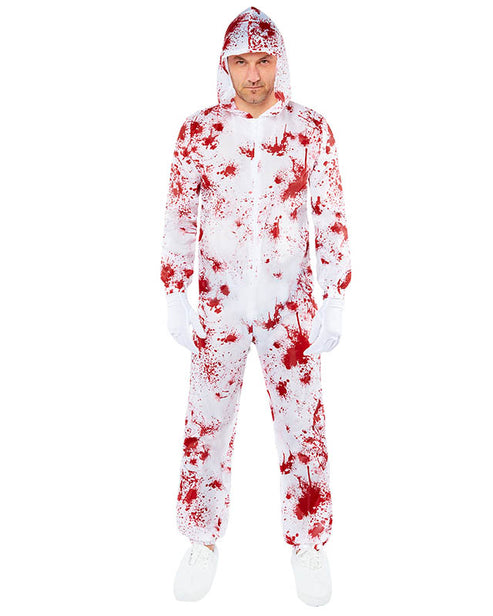 Adult wearing a white hooded Crime Scene Inspector jumpsuit with black bold text printed on the front in a lit studio setting.