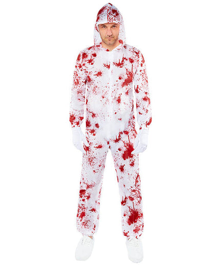 Adult wearing a white hooded Crime Scene Inspector jumpsuit with black bold text printed on the front in a lit studio setting.
