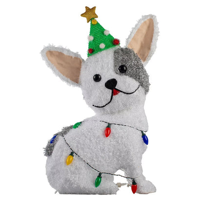 Three illuminated outdoor LED Christmas dog figures standing on a green lawn wearing festive scarves and headbands at twilight.