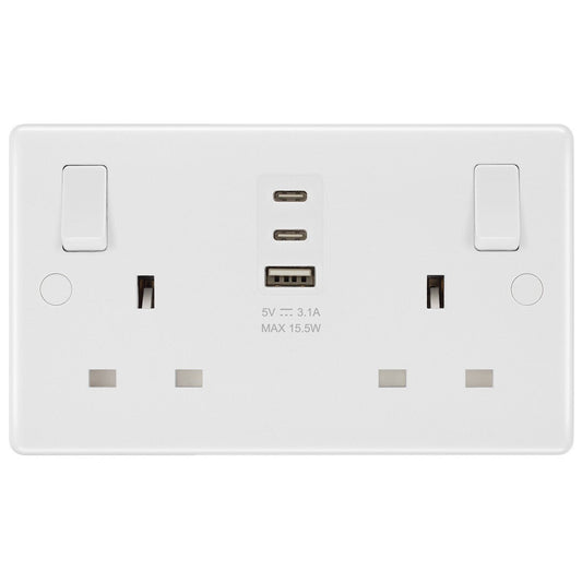 Masterplug 13A double switched socket with USB-A and 2 USB-C ports, pack of 2