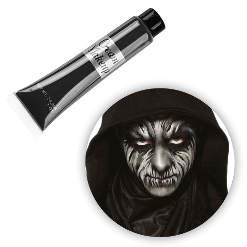 Front view of a 28ml black cream makeup tube resting on a white background with a dab of rich black paint squeezed beside it.