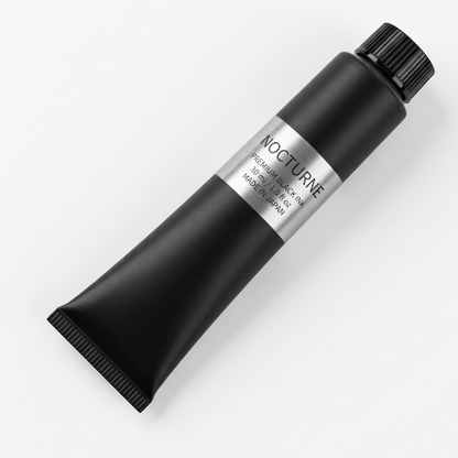 Front view of a 28ml black cream makeup tube resting on a white background with a dab of rich black paint squeezed beside it.