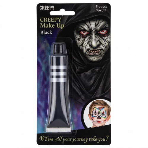 Front view of a 28ml black cream makeup tube resting on a white background with a dab of rich black paint squeezed beside it.