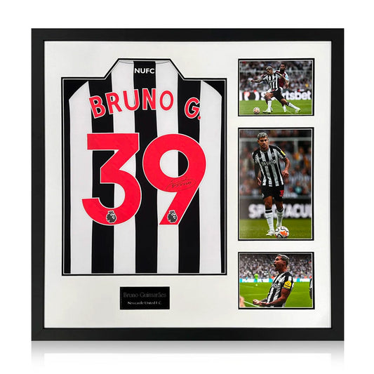 The Fan Cave Bruno Guimarães Signed Framed Newcastle United 2023/24 Shirt with 3 Photos