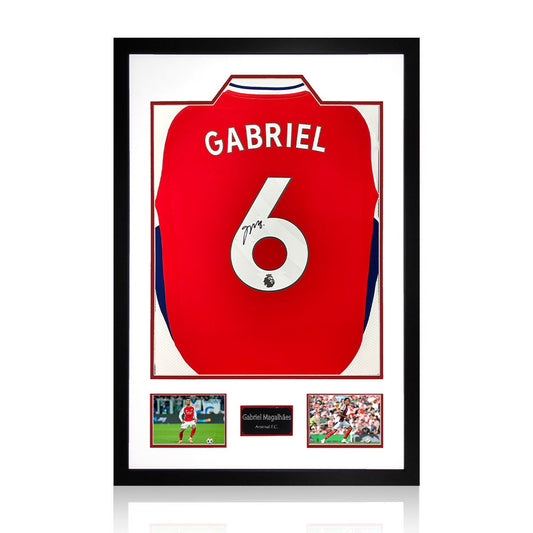 The Fan Cave Gabriel Magalhães Signed Framed Arsenal 2024/25 Shirt with 2 Photos