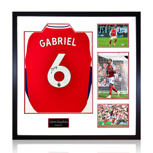 The Fan Cave Gabriel Magalhães Signed Framed Arsenal 2024/25 Shirt with 3 Photos