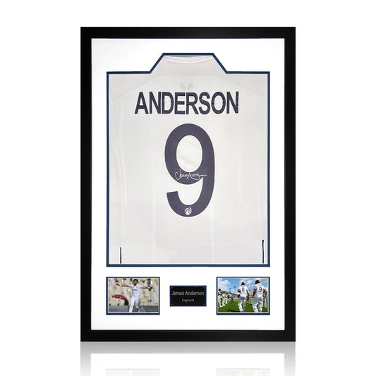 The Fan Cave James Anderson Signed Framed England Cricket Shirt with 2 Photos