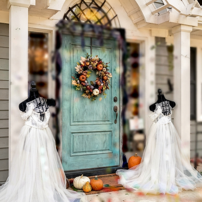 A pair of tall outdoor Halloween spooky ghost decorations illuminated by remote-controlled string lights on a dark lawn during evening hours.