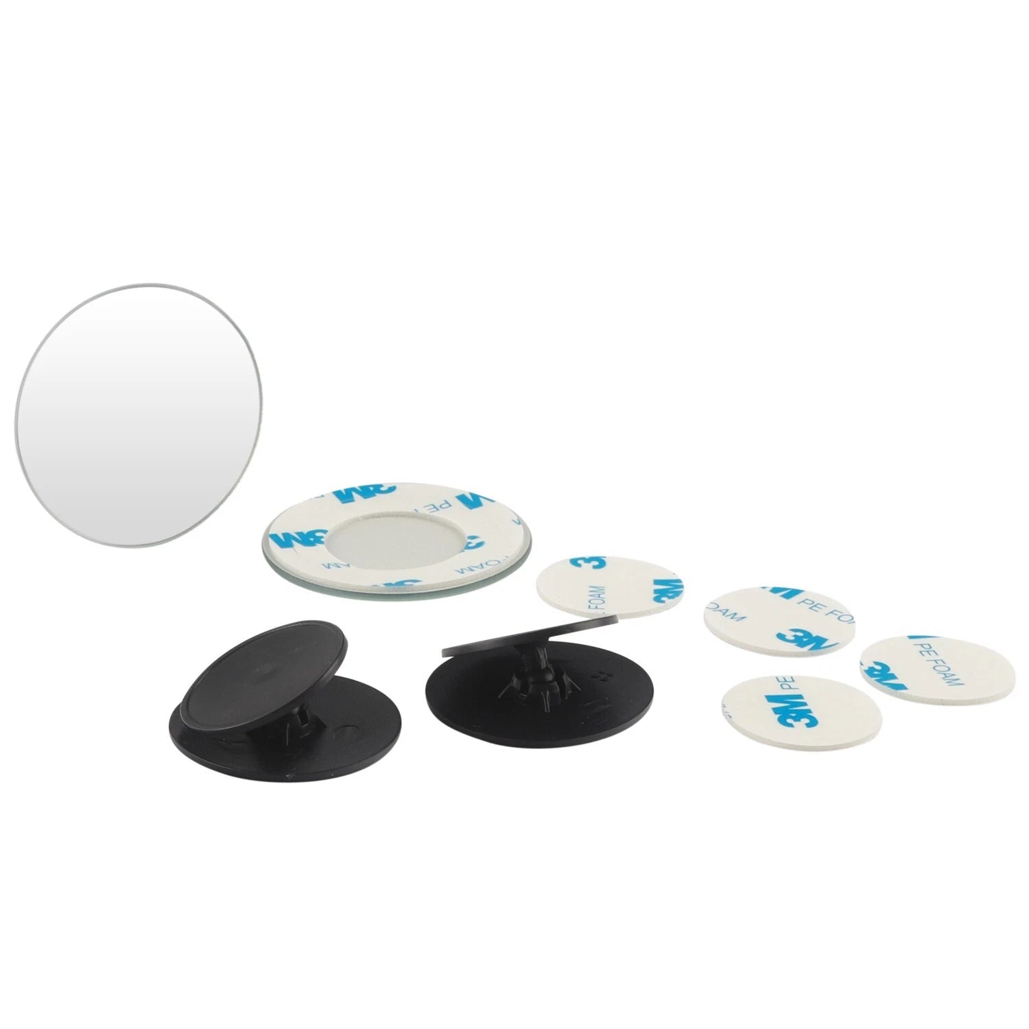 A pair of circular, frameless 5cm wide-angle convex blind spot mirrors showing a clear 360-degree swivel mounting base on a clean black background.
