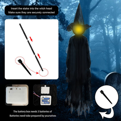 A 3-piece set of 150cm tall light-up Halloween witches glowing with eerie interactive voice-controlled lights in a haunted party venue.